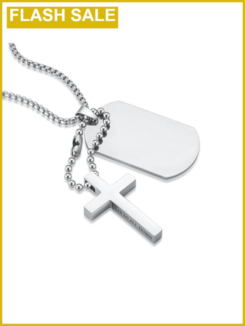 Stainless Steel Dog Tag Cross Pendant Necklace Military Style